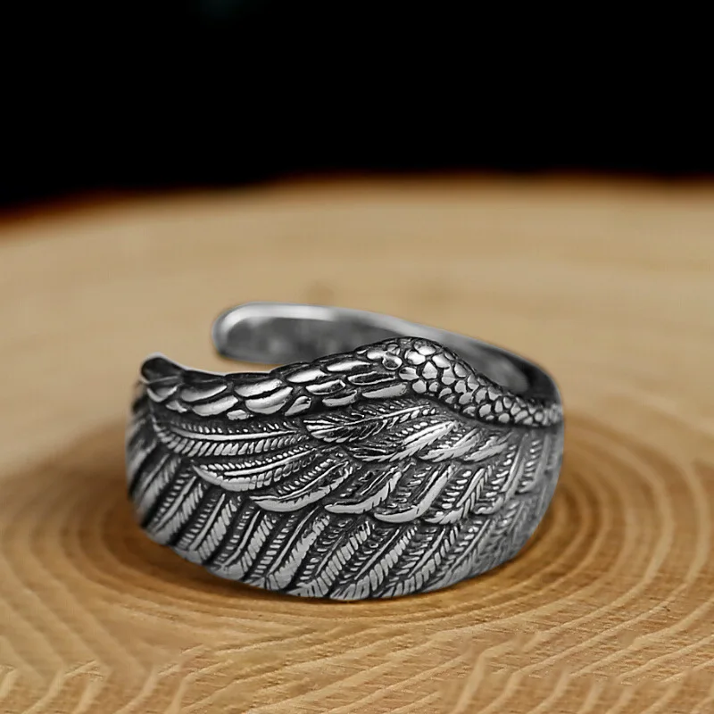 Retro Wings Feather Ring For Men Women Silver Color Punk Gothic Adjustable Ring Alloy Jewelry Unisex Accessories Family Gift