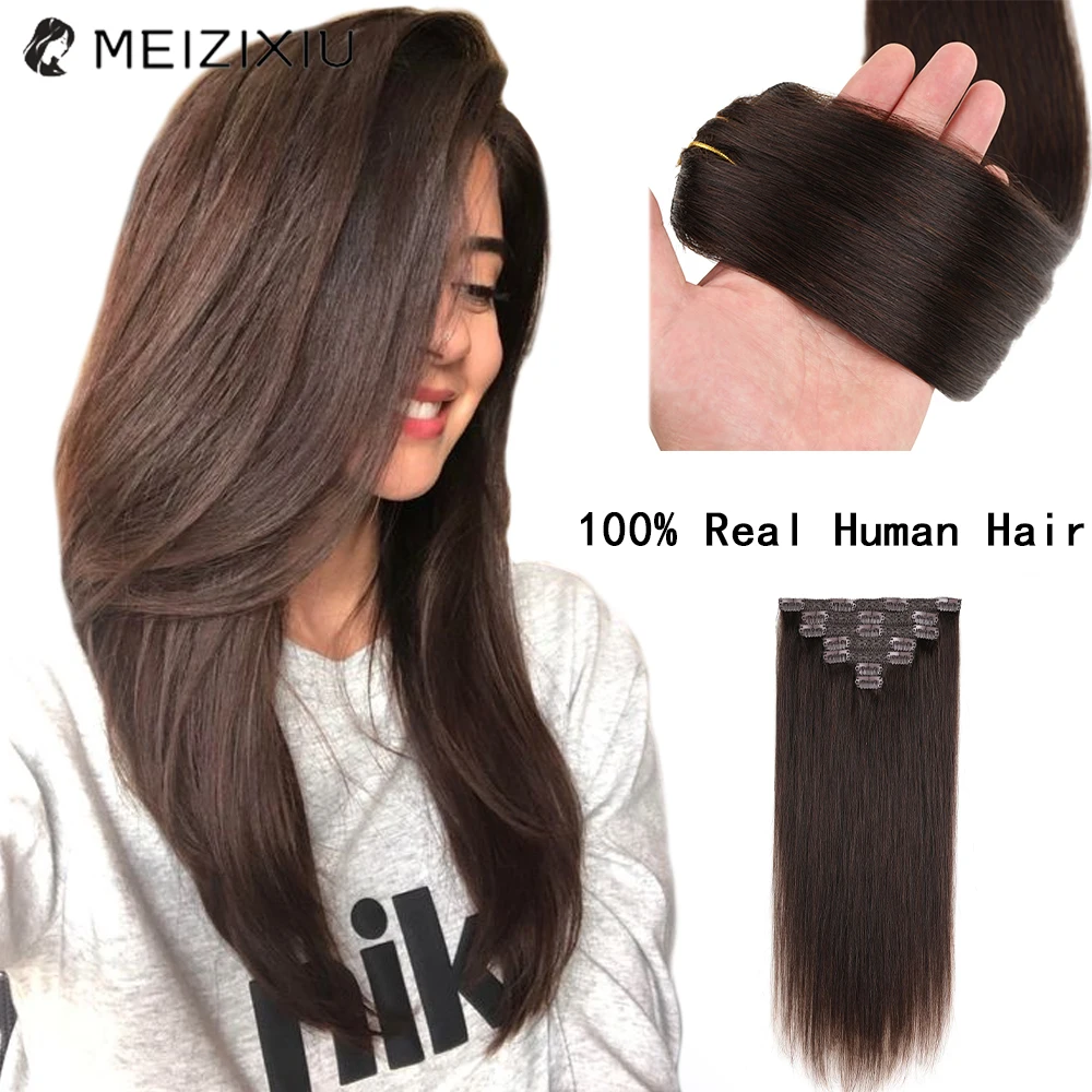 

Brown Clip In Hair Extensions Remy Real Hair Straight Double Weft 7PCS Clip-On HairPiece Clip In Human Hair for Women 12-18Inch