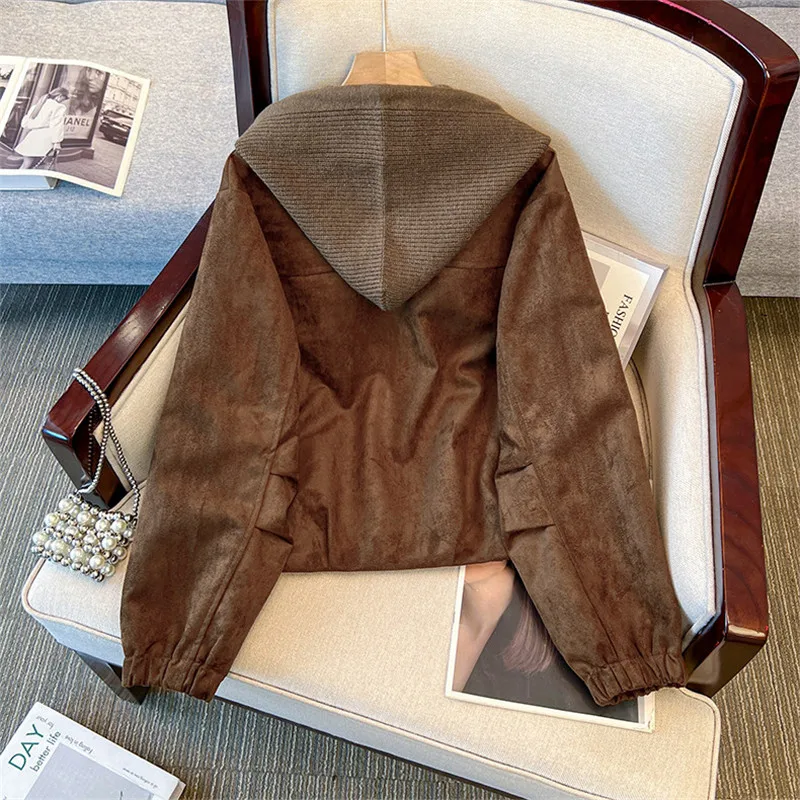 Coffee Color Army Green Short Faux Suede Jacket Removable Knitted Hooded Patchwork Long Sleeve Female Cropped Coat Streetwear