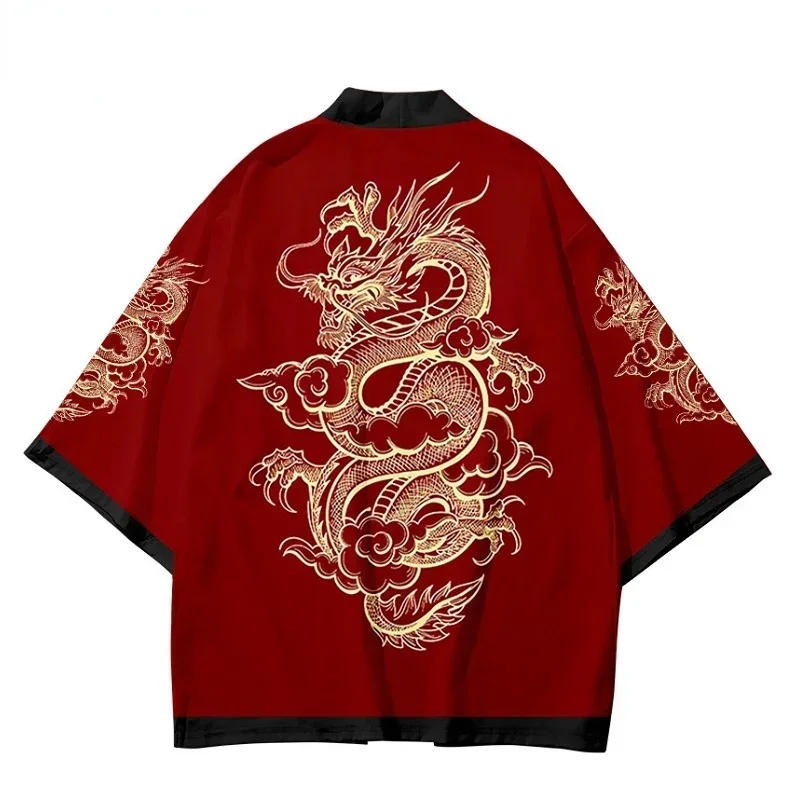 Draak Grafisch Japans Vest Kimono Dames Traditionele Aziatische Chinese Stijl Kinderen Haori Rood Harajuku Strand Yukata Mannen