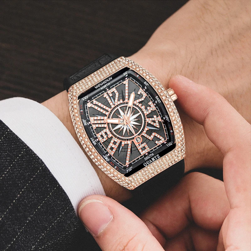 

Новые мужские часы, кварцевые часы с бриллиантами, дизайн винной бочки, европейские и американские ретро-тренды, модный стиль, водонепроницаемые мужские часы
