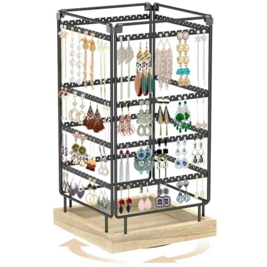 

4-уровневый вращающийся держатель для сережек-органайзер, металлическая деревянная подставка для дисплея, дерево для женщин, 224 отверстия и канавки, большая стойка для хранения Sta