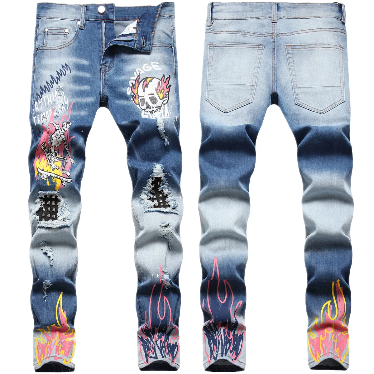 Spring street print knee hole stud personality stretch slim straight leg jeans man