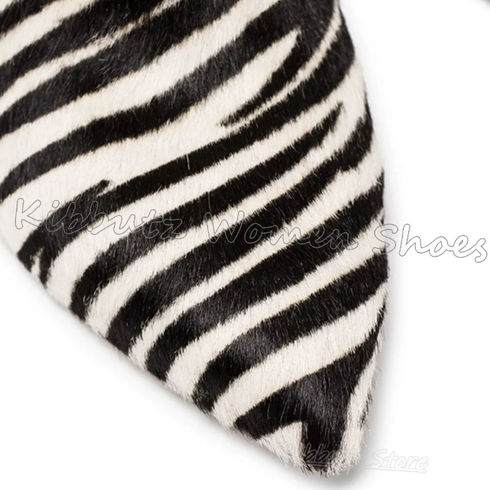 Knee High Boots Zebra Stripes Leather Slip-On Fashion Luxury Elegant Concise Novelty Sexy Pointy Chunky Heels Spicy Girls Shoes - view 6