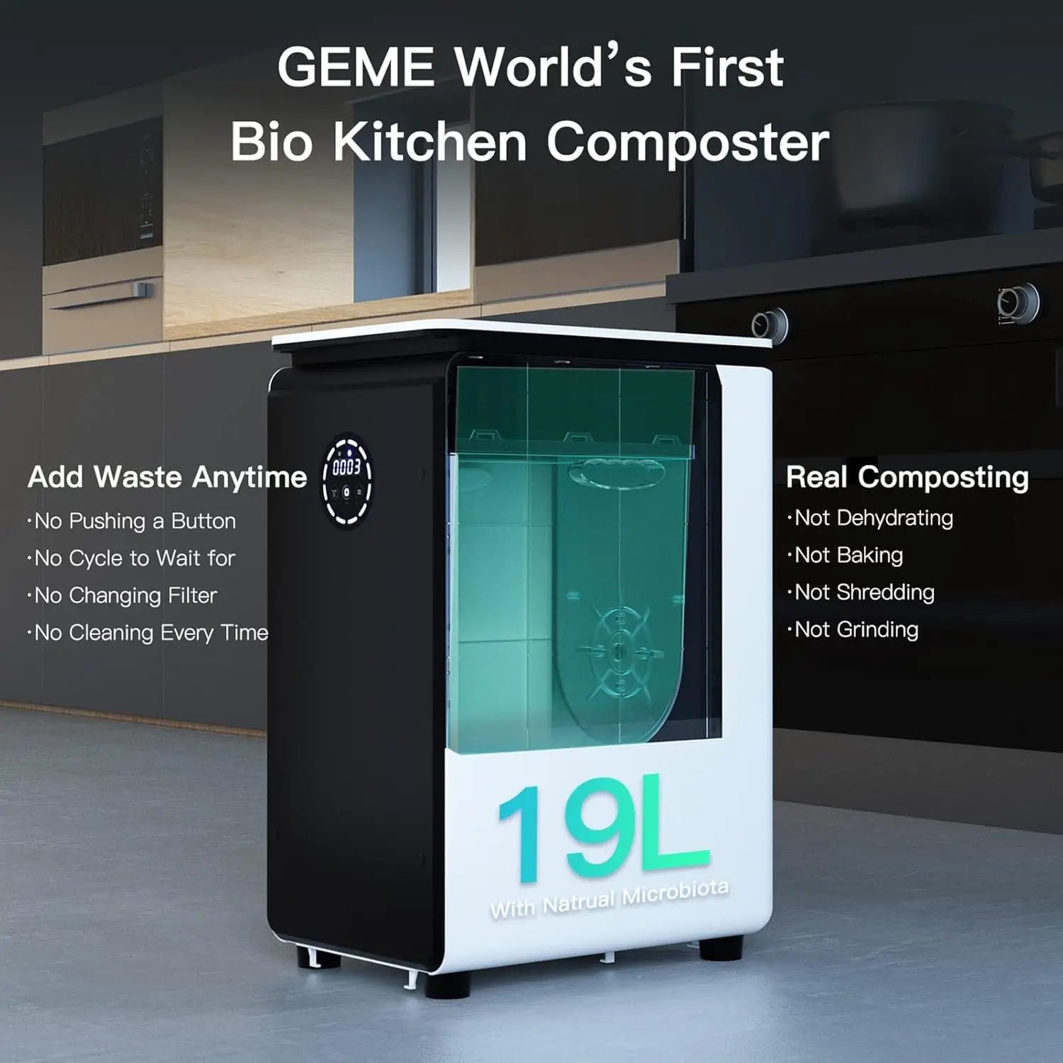 World's First Bio Smart Electric Composter Kitchen, Turn Food Waste into Real Organic Compost No Dehydration - 19L Food C