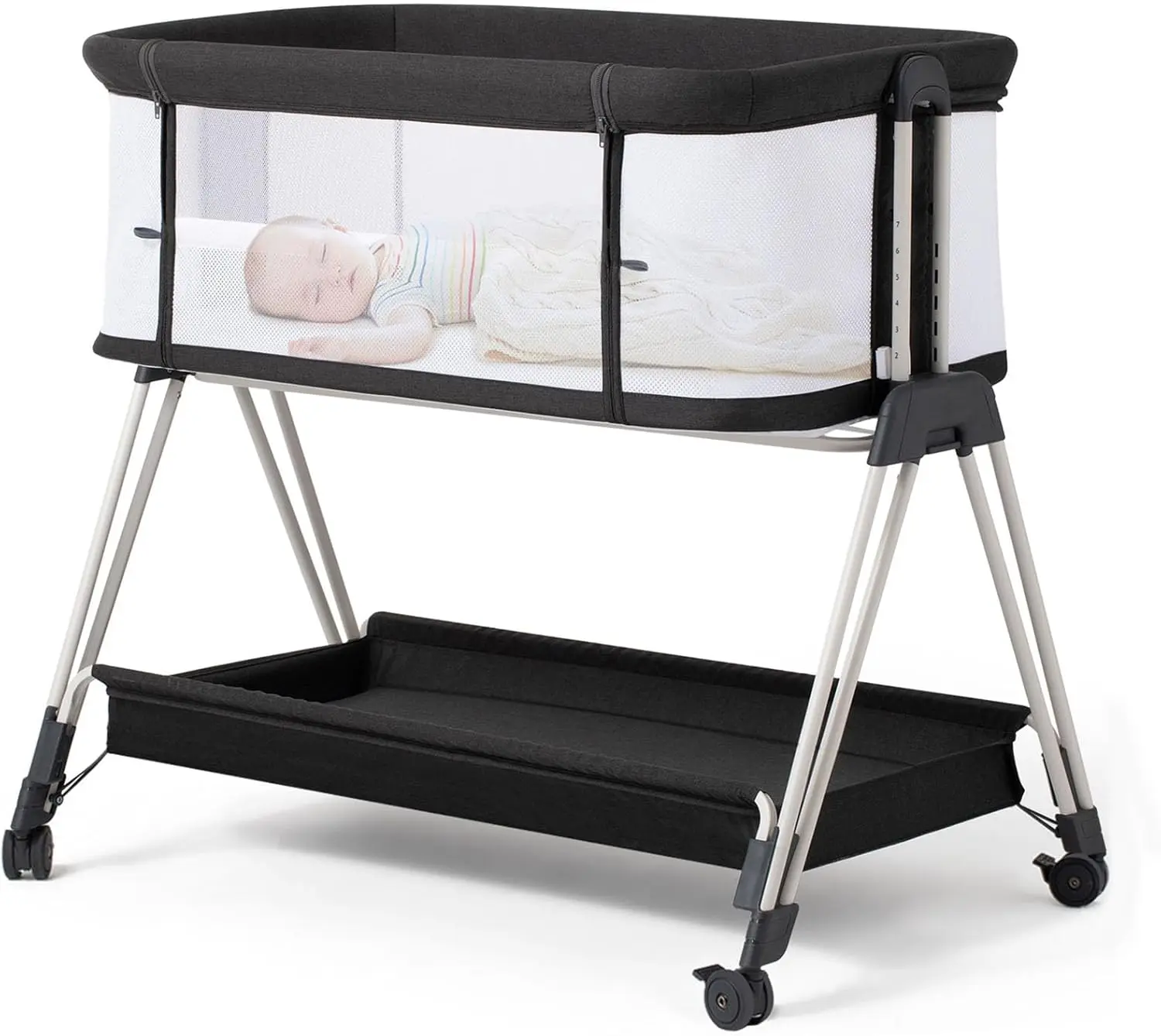 

Portable Baby Bassinet with Wheels, Adjustable Height & Storage Tray - Safe Mesh Sides for Newborns
