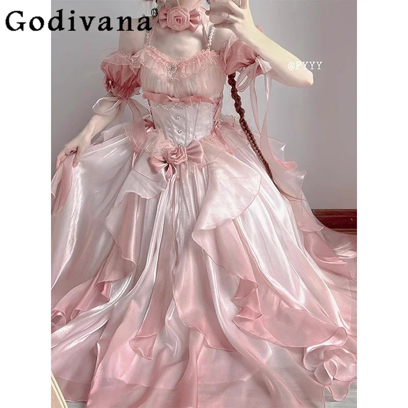 

Women's Lolita Pink Dress Pearl Suspender Bow with Long Trailing Heavy Industry Off-Shoulder Long Princess Dress Wedding Dress