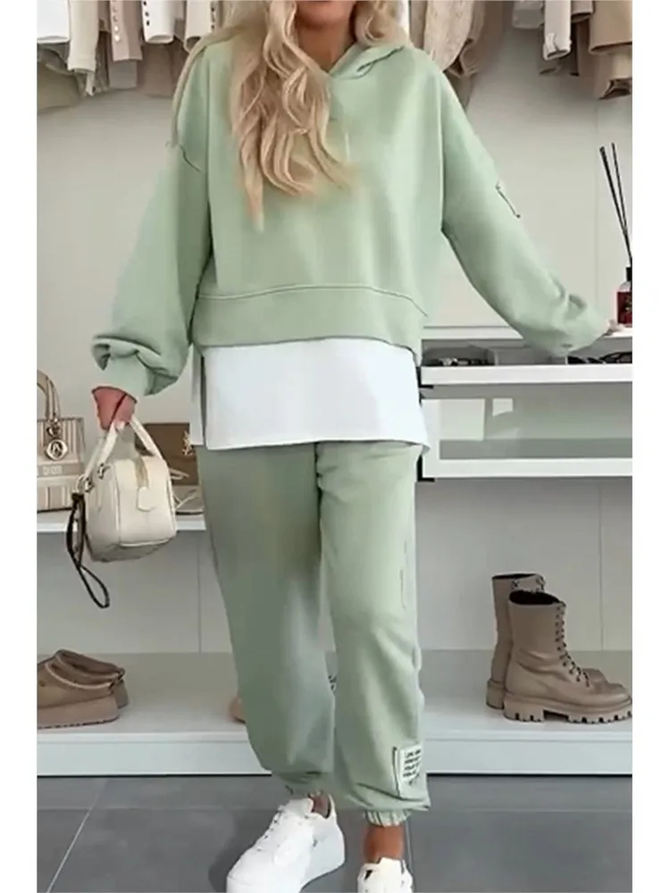 Casual Two Fakes Sweatshirt Two-piece Set For Woman Fashion Hooded Hood Pullovers  Skinny Pants Suit Autumn Winter Lady Outfit