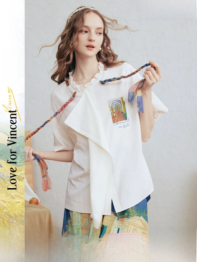 

Artistic Printed Shirt Women's Loose Fit Spring 2026 Tie Dye Detachable Collar Bell Sleeve Embroidered Abstract Pattern
