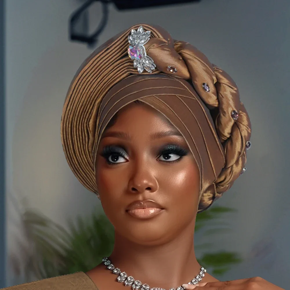 

Кепка-тюрбан с бриллиантами для женщин, африканский головной убор с автогелем, нигерийский свадебный головной убор для вечеринки, косы, капот, мусульманский хиджаб, повязка на голову