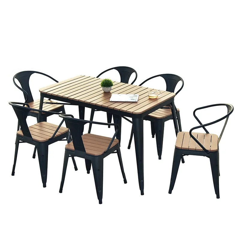 

American coffee shop outdoor rest sun protection plastic wood outdoor table and chair combination