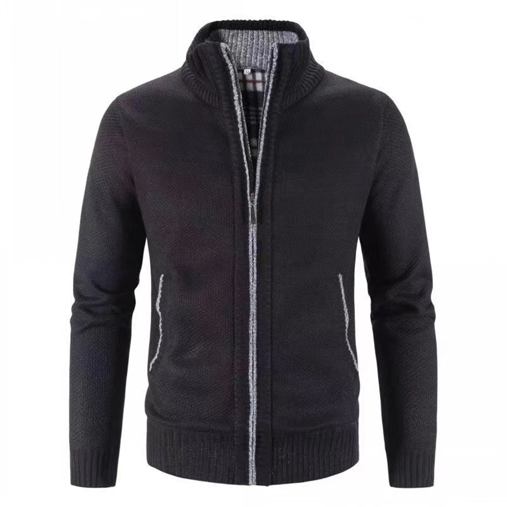 Mens Winter Warm Zip Knitted Jacket Thick Sweater Cardigan Slim Fit Tops Coats Causal Fashion Solid Color Tops