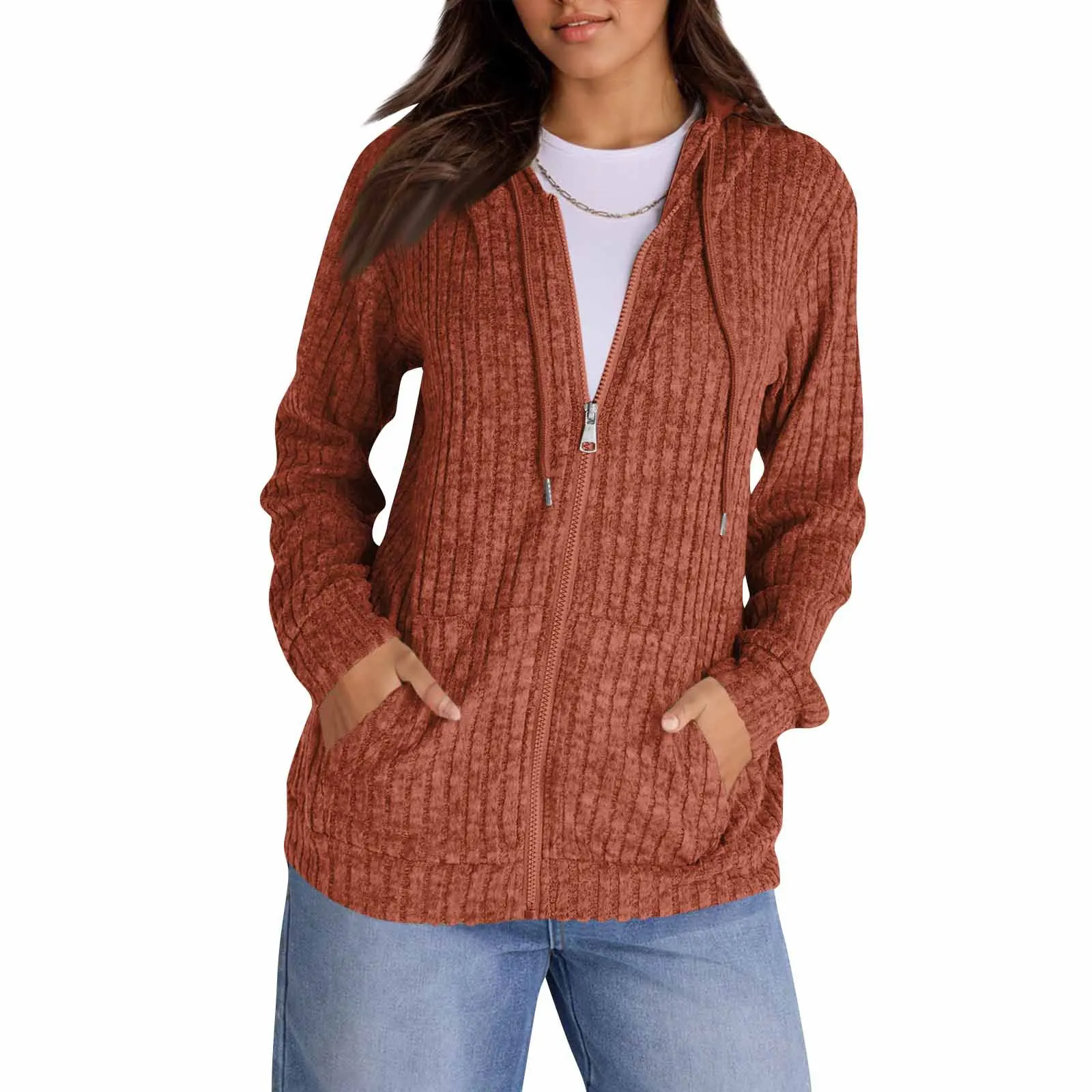 Autumn Winter Ribbed Wool Zip-Up Sweatshirt Women's Loose Long Sleeve Jacket