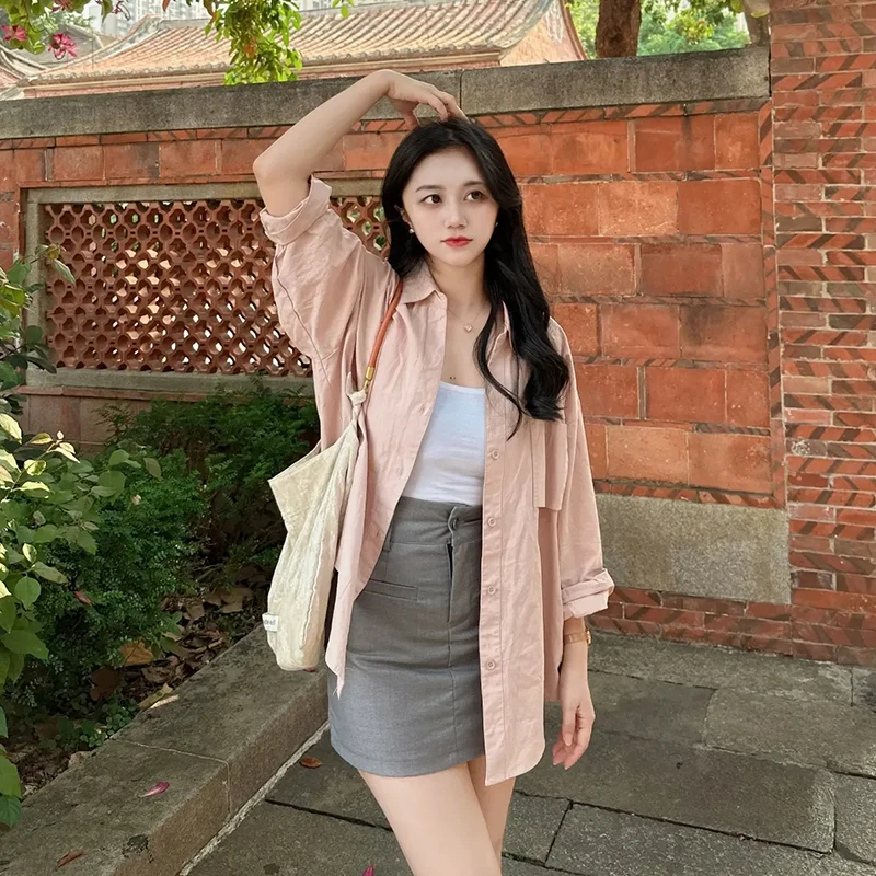 

2026 Pink Long Sleeve Chiffon Blouse for Women Casual Sweet Split Design Streetwear Loose Sunscreen Shirt Top French Style