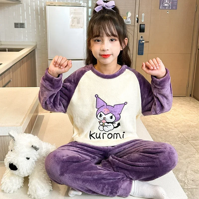 Sanrio Hello Kitty Kuromi Children's Pajamas Cinnamoroll My Melody Winter Autumn Flannel Anime Kids Sets Long Sleeved Girls Boys