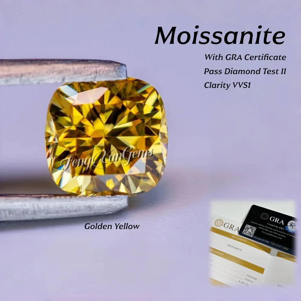 

Cushion Cut Loose Moissanite Golden Yellow Shining Gemstone 0.5~7ct With GRA Certificate Clarity VVS1 For Accessories Inlay