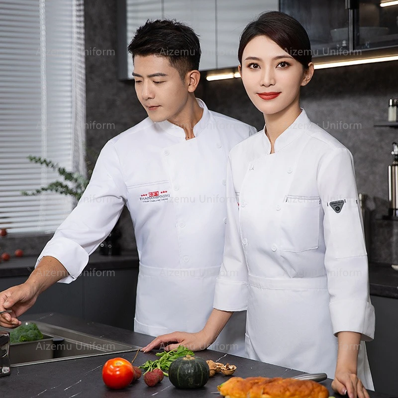 سترة الطاهي السوداء للمطاعم بأكمام طويلة زي الطاهي معطف الطبخ تي شيرت الشيف بيكر زي العمل النادل ملابس الفنادق شعار النساء