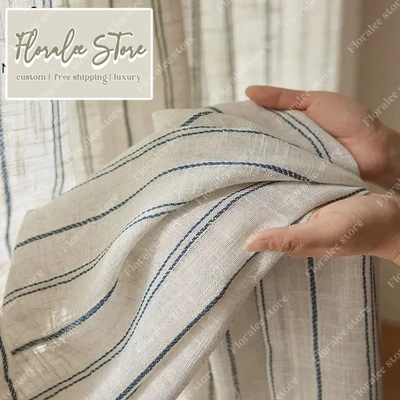 

Japanese Blue Striped Cotton Linen Thickened Lazy Style Blackout Curtains B&B Hotel Tea Room Living Room Bedroom Window Decor