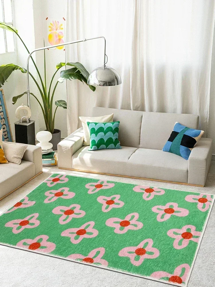 Green Living Room Carpet Machine Washable Carpets for Bedroom Bedside Floor Mat Soft Flower Cute Home Decoration Rug 거실 카펫