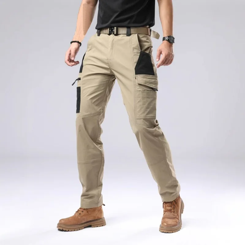 Men Straight Tactical Cargo Pants Loose Fit Color Block Splicing Multi Zipper Pockets Fabric For Hiking Trekking Outdoor Spring