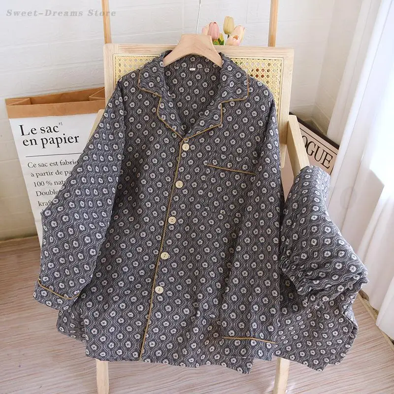 

New Cotton Gauze Sleepwear Pijama Mujer Men Print Long Sleeve Trouser Pajamas Set Loungewear Loose Casual Home Clothes Lingerie