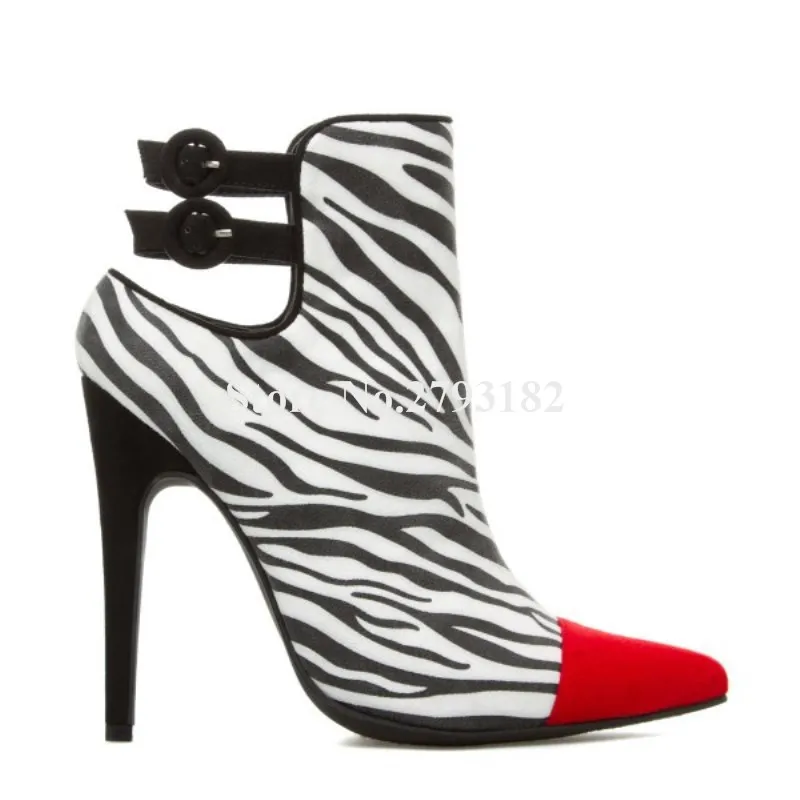 Zebra Short Boots Red Pointed Toe Patchwork White-black Suede Stiletto Heel Short Boots Sexy Cut-out Ankle Buckles Ankle Booties