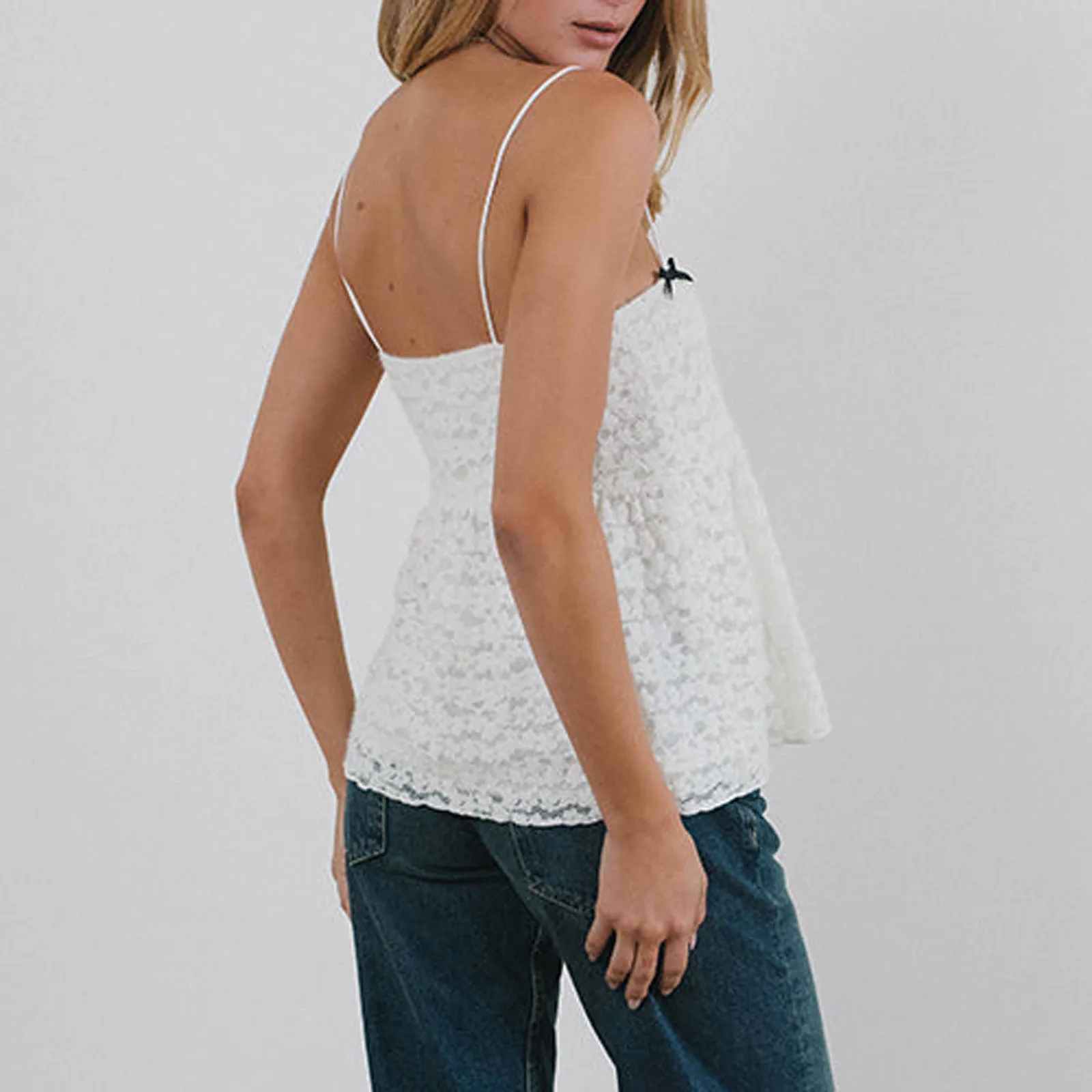 Women's Solid Color Lace Camisole 3D Bow Square Neck Spaghetti Strap Backless Babydoll Tops Casual Summer Streetwear image 2
