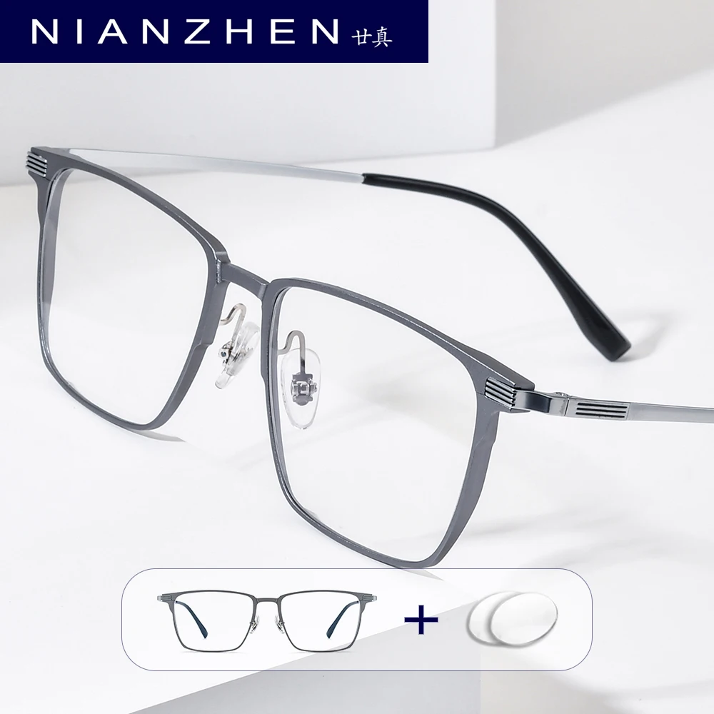 NIANZHEN Progressive Prescription Eyeglasses Photochromic Myopia Optical Lens Eyewear Men Square Glasses Aluminum Frame 28538