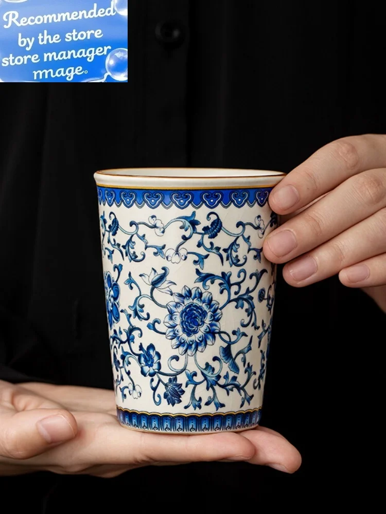 

265ml Ru Kiln Blue And White Entangled Lotus Ceramic Tea Cup Master Cup Cola Cup Chinese Teacup Flowers RuYao Opening Tea Set