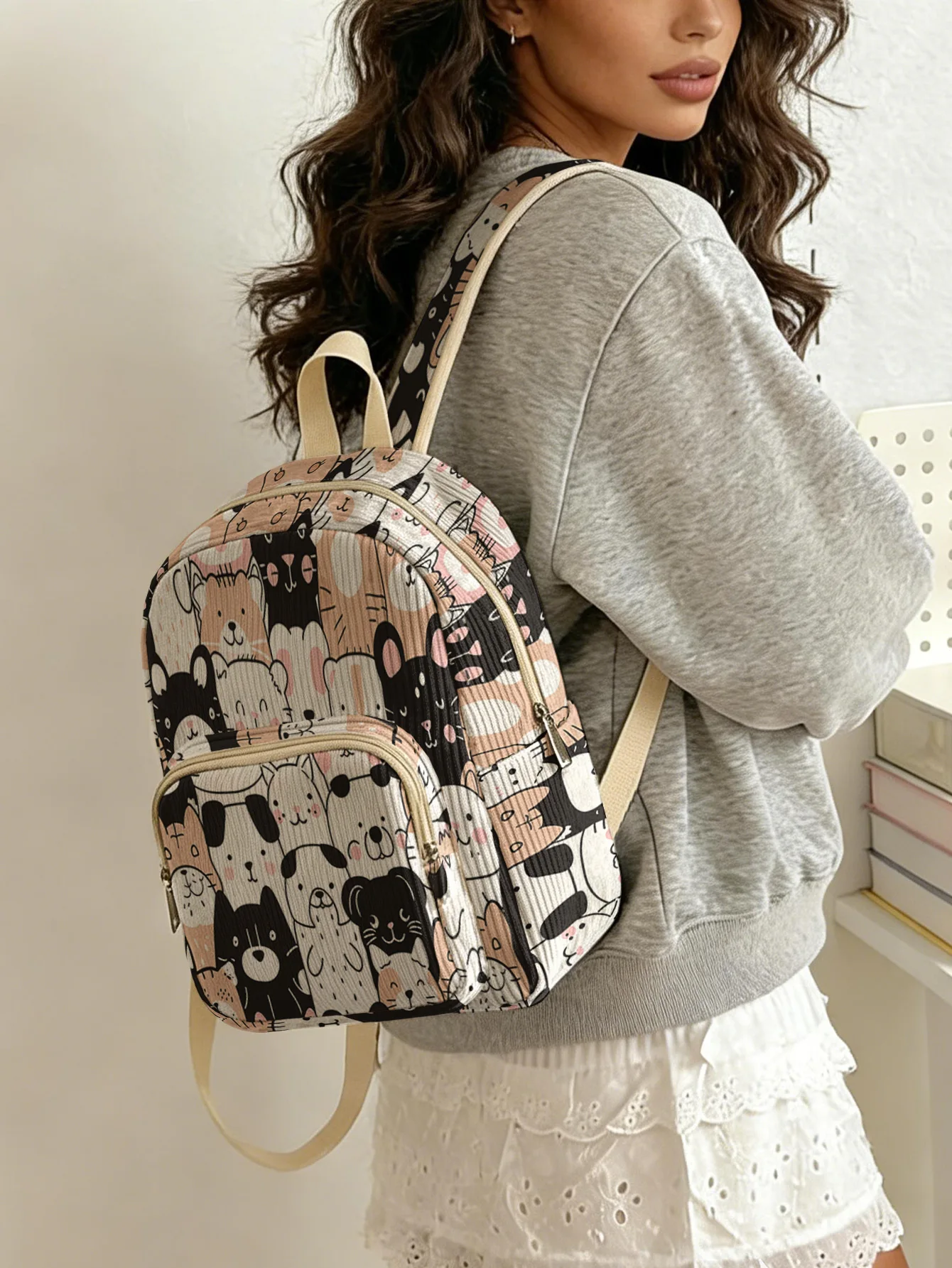 

Модный женский рюкзак с милым мультяшным принтом кошек и собак, вельветовая сумка с множеством карманов, вместительная сумка для поездок на работу