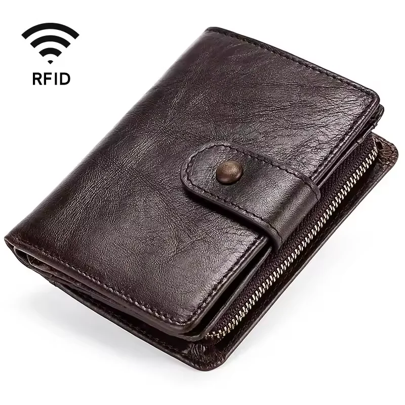 Brand Designer Cowhide Leather Men's Wallet with Zipper Coin Pocket Multiple Card Slots RFID Clasp Casual Retro Wallet for Men