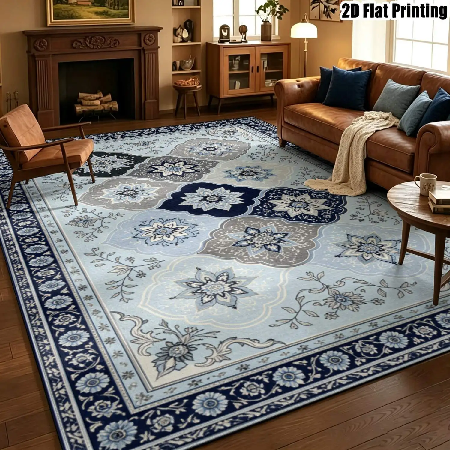 1Pc 2D Printed Carpet: Blue-Grey Retro Patterns, European & Minimalist Style, Washable, Multi-Size, for Home Decor & Multi-Scene Use