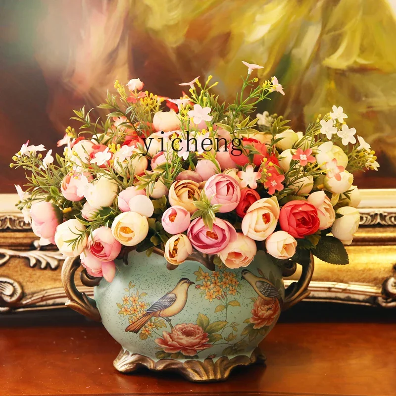 LSL European Ceramic Vase Creative Ornament Living Room Decoration Vintage American Style Artificial Dried Flowers