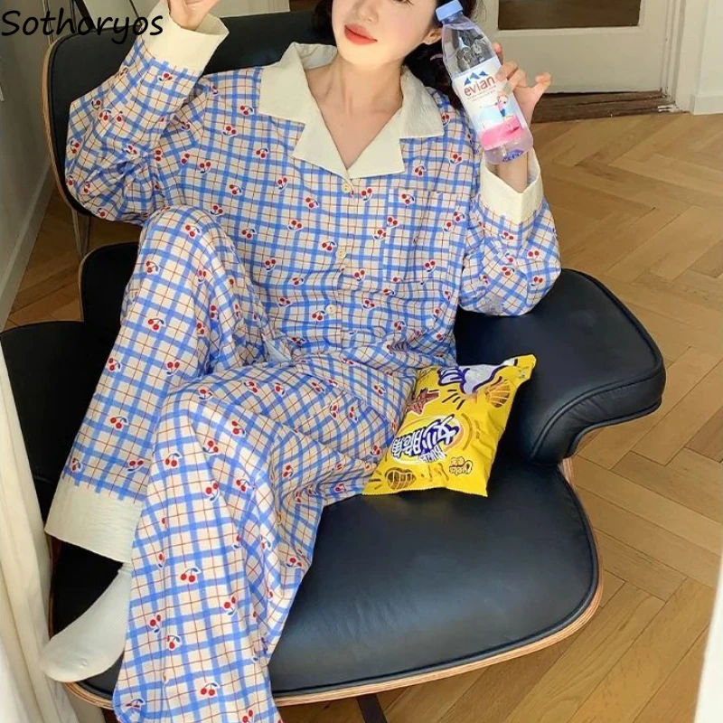 

Long Sleeve Pajama Sets Women Plaid Cherry Sweet Panelled Sleepwear Home Girlish Fashion Ulzzang All-match Lounge Spring Autumn