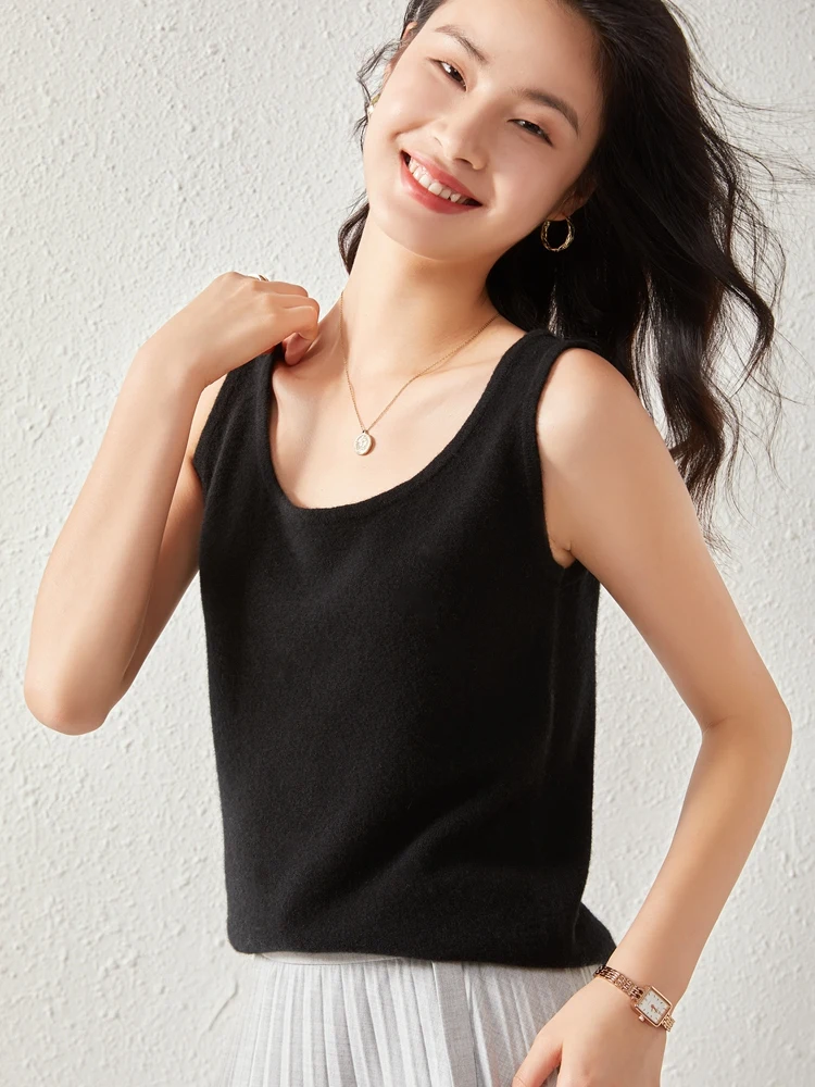 ADDONEE Women Summer Vest O-neck Basic Casual Soft Thin Cashmere Sweater 100% Cashmere Knitwear Sleeveless Pullover Sweater Top