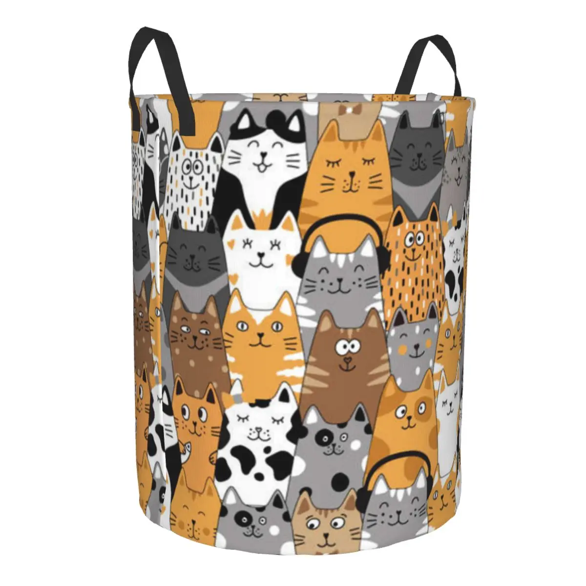 Folding Laundry Basket Funny Cats And Fish Round Storage Bin Large Hamper Collapsible Clothes Bucket Organizer