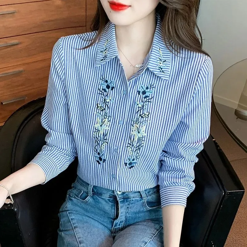 

Women's Striped Embroidered Shirt Floral Pattern Long Sleeve Casual Blouse