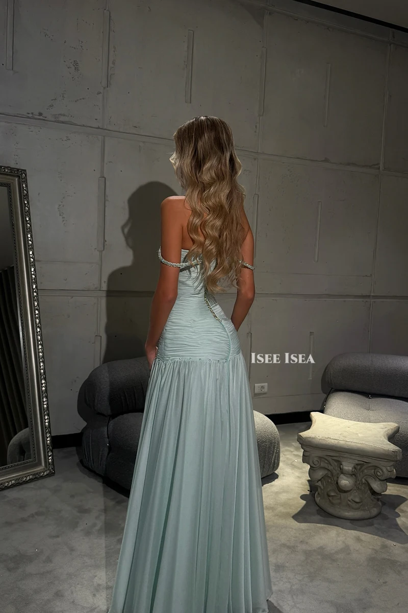 Vestidos de Noche azul aguamarina Sweerheart gasa sin tirantes vestido de fiesta con cuentas vestido de alfombra roja vestidos de fiesta elegante personalizado