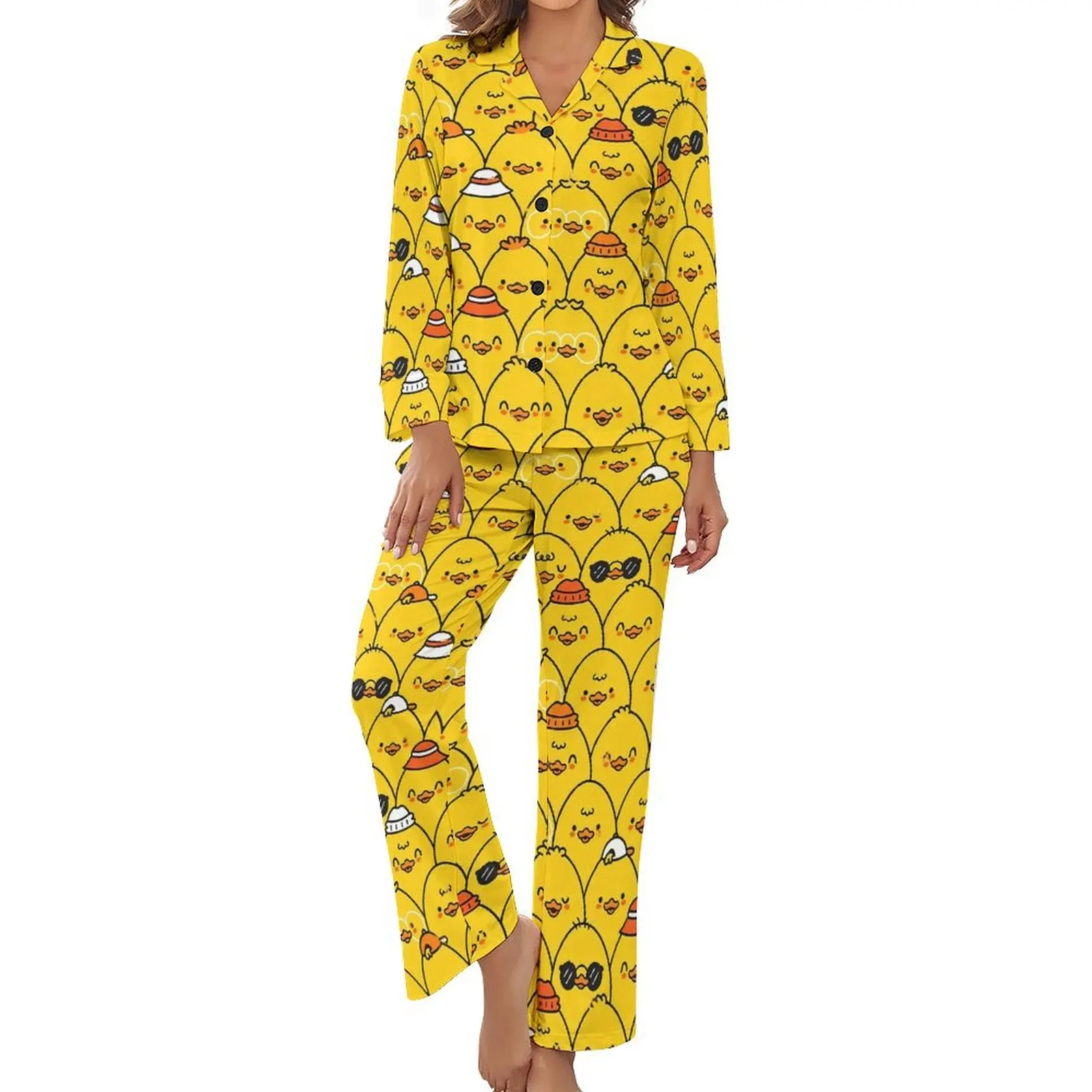 Yellow Ducks Pajamas Funny Ducklings Night V Neck Nightwear Lady Two Piece Custom Long Sleeve Fashion Pajama Sets