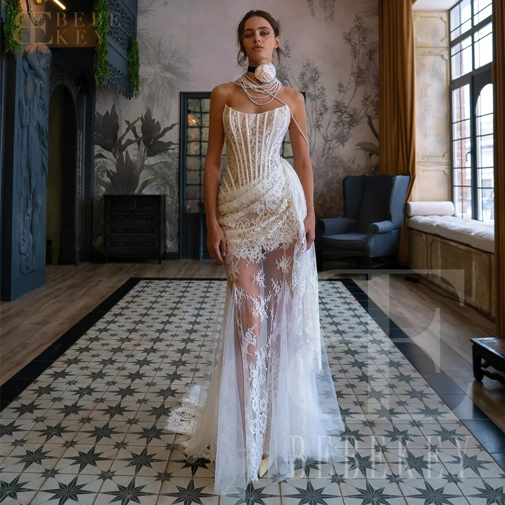 فستان زفاف BEBEKEY مخصص رائع مزين بالدانتيل غمد بدون أكتاف فستان رسمي بقطار قابل للانفصال