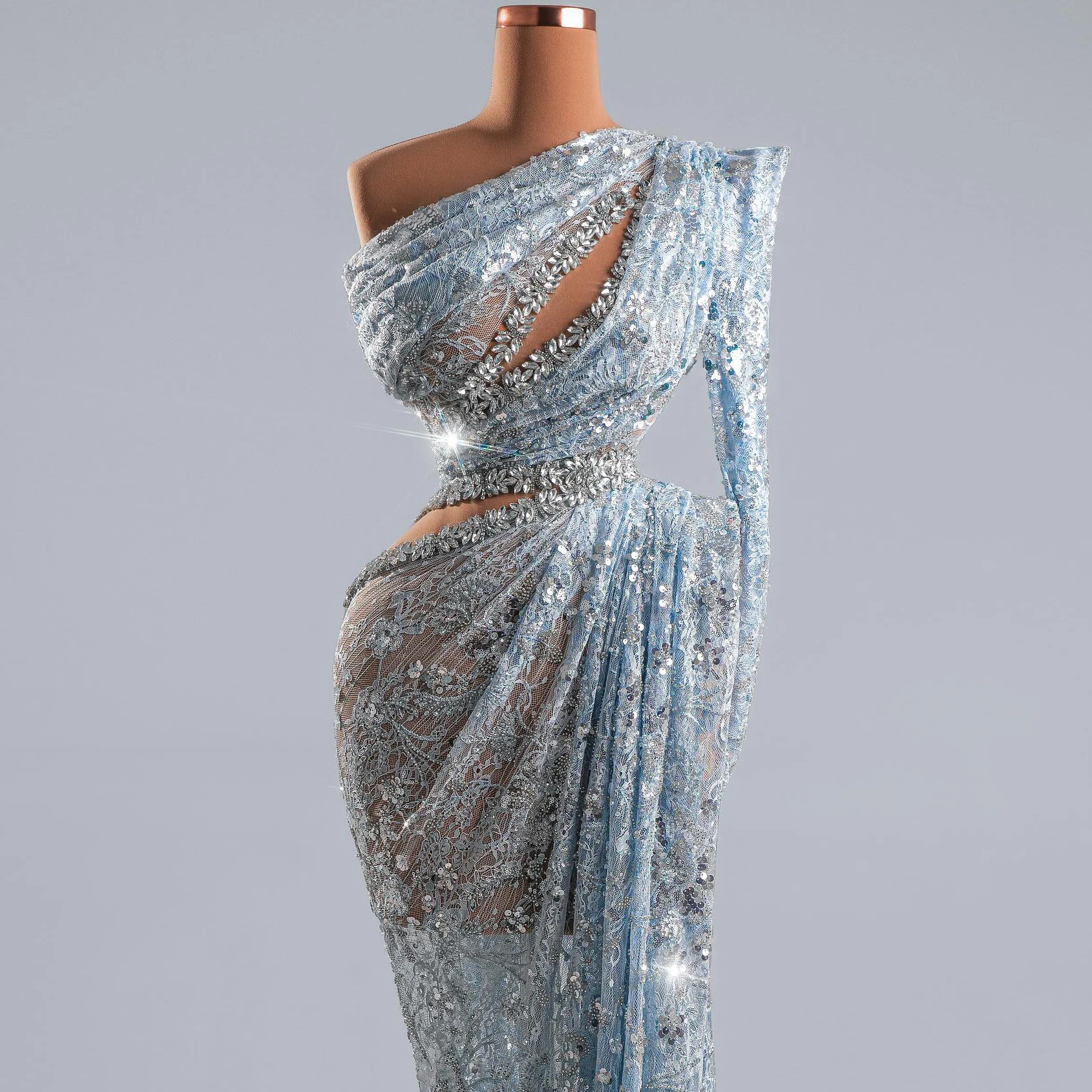 

Sequin lace crystal ball gown Light blue sheer high-slit evening gown with openwork fishtail dress asymmetrical single sleeve