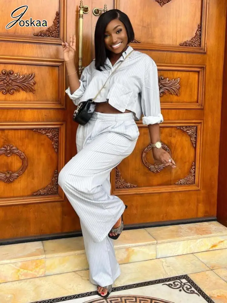 

Joskaa Striped Print 2 Piece Set Women Lapel Full Sleeve Irregular Shirt+High Waist Wide Leg Pants Matched 2025 Streetwear S-XXL
