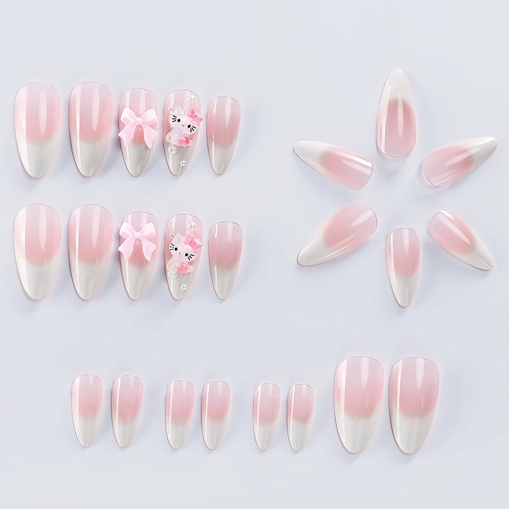 24枚入りミディアムアーモンドシェイプ3Dハローキティフェイクネイルボウリボンピンクホワイトフレンチフルカバーフェイクネイルアクリルつけ爪セット