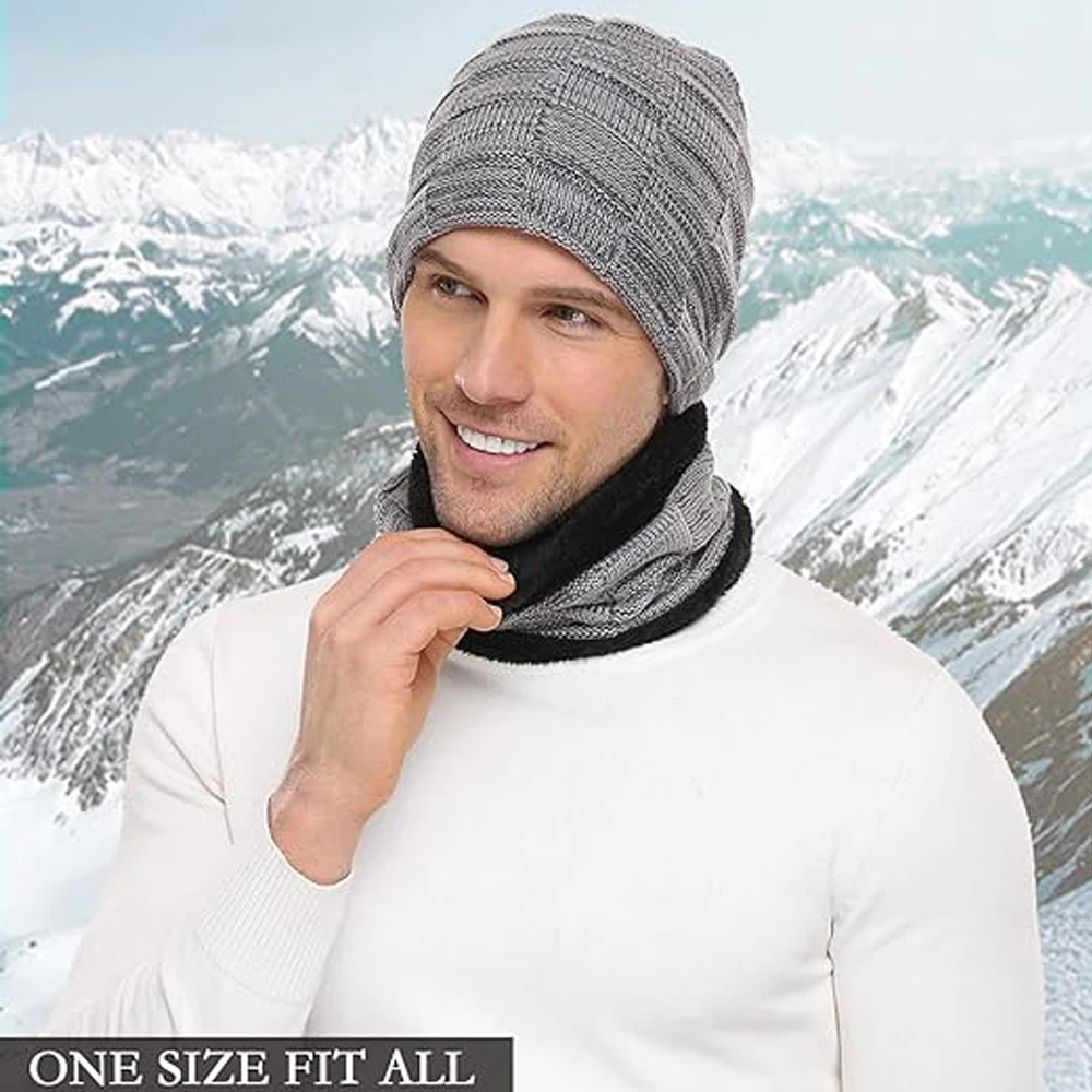 Winter Knit Beanie Hats Scarf Set Men Women Warm Skull Cap Neck Warmer with Thick Fleece Lined Slouchy Skull Cap for Unisex Gift