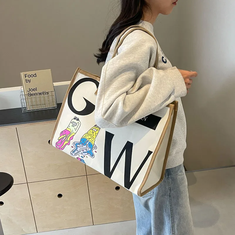 Canvas Bag Handbag For Women Simple Shoulder Bags  Large Capacity Female Work Commute Handbag Tote Korean Style Shopper Bag