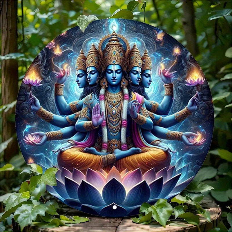 [2D Flat] 1 cartel de aluminio redondo para hindúismo, letrero de aluminio redondo para meditación, letrero de estaño de Metal espiritual, pared de Metal rústica Vishnu