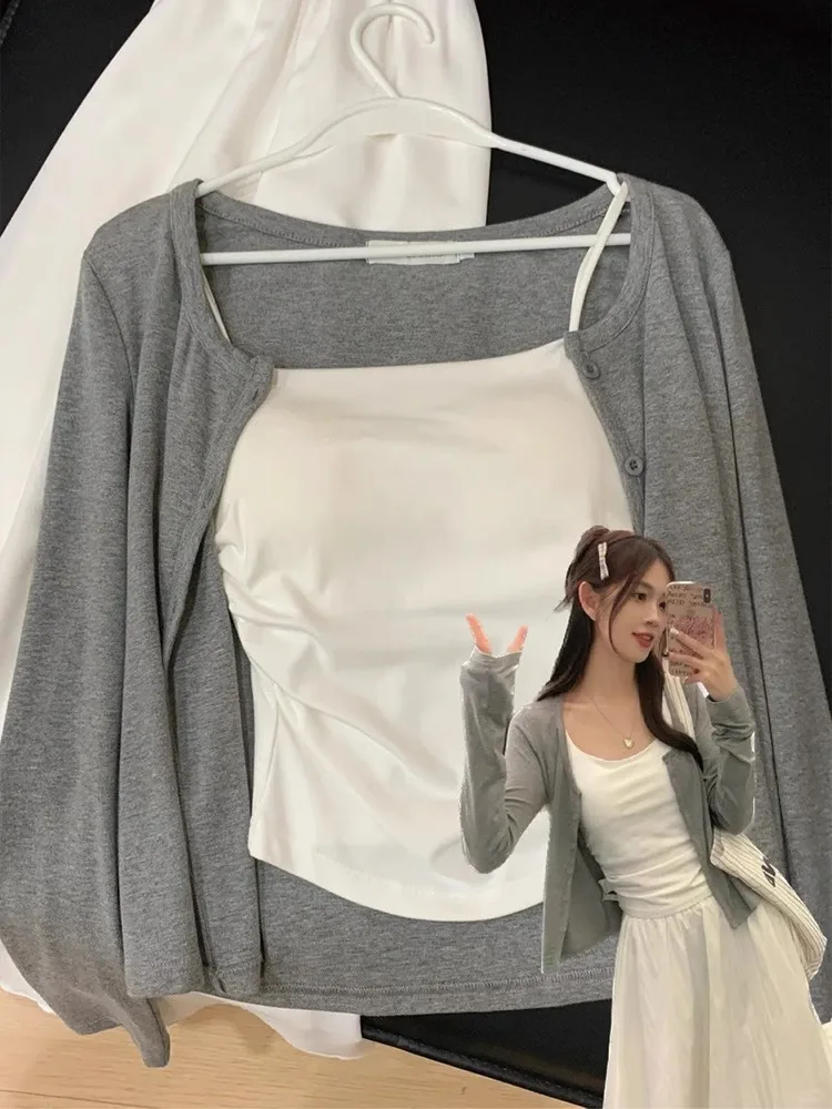 

Gray Knitted Slim Fit Short Cardigan Thin Design Sun Protection Outerwear Top Commute Style round Neck Button Placket Polyest...