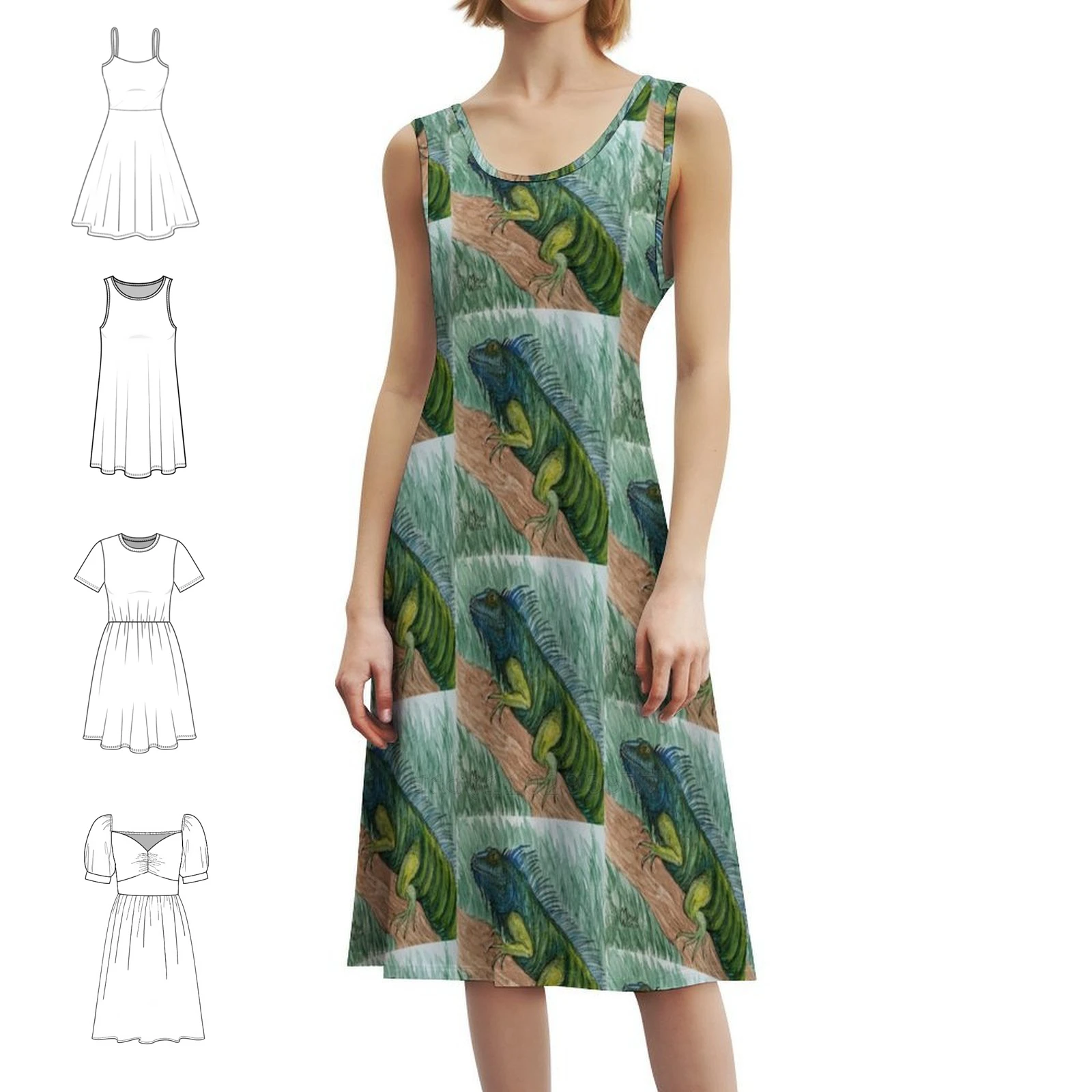 فستان بوهيمي عتيق من Iguana الاستوائي بأكمام منتفخة أو خيارات بدون أكمام للنساء فستان Mattstarr Iguana Lizard حيوانات الزواحف #1