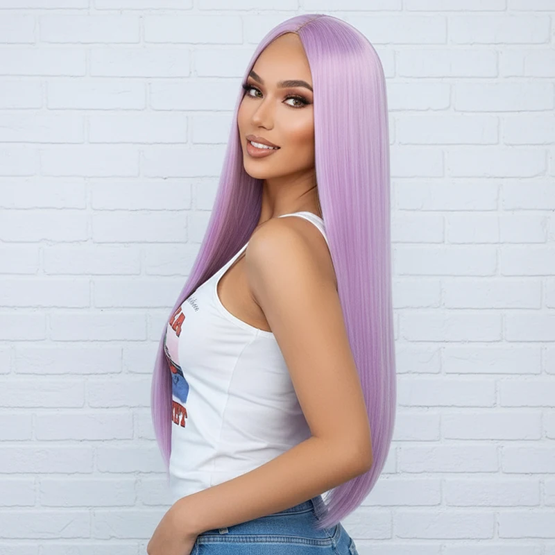 วิกผมผู้หญิงสไตล์ยุโรปและอเมริกา วิกผมไหมทนความร้อนสูง ผมยาวตรงสีม่วงอ่อน วิกผมใยสังเคราะห์