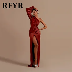 RFYR One Shoulder Full Sleeves Evening Dresses Burgundy Stain Prom Dresses With High Split Pleat Mermaid вечернее платье люкс